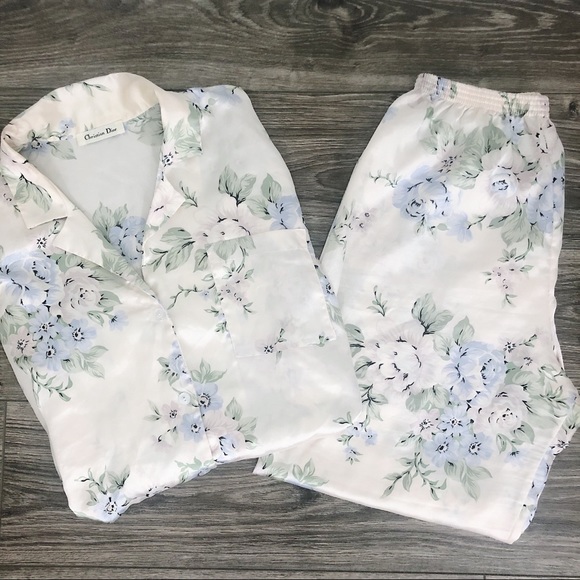Dior Other - Vintage Christian Dior Satin Ivory Floral PJ Set